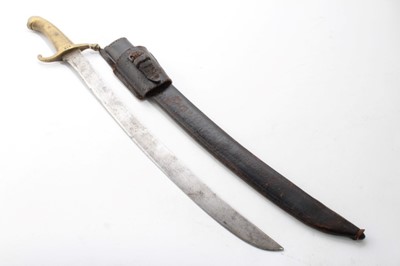 Lot 799 - 19th Century European Side arm with ribbed brass hilt and curved blade in leather scabbard