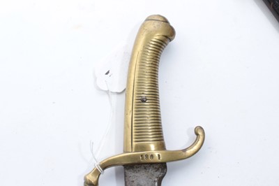 Lot 731 - 19th Century European Side arm with ribbed brass hilt and curved blade in leather scabbard