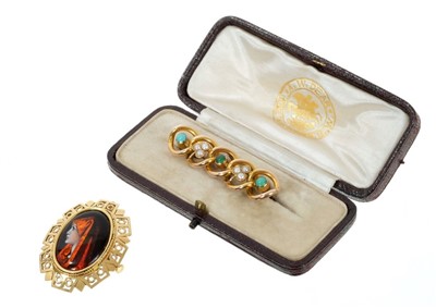 Lot 637 - Limoges enamel pendant and a Victorian gold seed pearl and turquoise bar brooch (2)