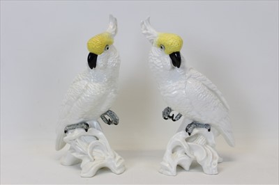 Lot 2021 - Pair of Crown Staffordshire bone china cockatoo figures, designed and modelled by J.T. Jones, printed marks to base, H.35cm