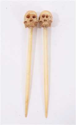 Lot 1113 - Unusual pair of 19th century macabre carved ivory cocktail sticks