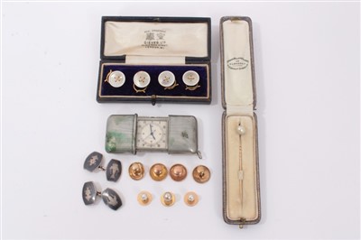 Lot 750 - Four gold and enamel dress buttons in case, other gold studs, tie pin, silver and niello cufflinks and a 1930s Movado self-winding watch