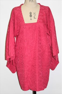 Lot 3061 - Japanese red kimono with chrysanthemum embroidery. Also a pink brocade kimono jacket and a blue silk brocade robe.