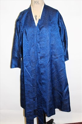 Lot 3061 - Japanese red kimono with chrysanthemum embroidery. Also a pink brocade kimono jacket and a blue silk brocade robe.