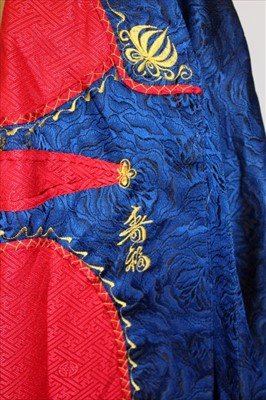 Lot 3061 - Japanese red kimono with chrysanthemum embroidery. Also a pink brocade kimono jacket and a blue silk brocade robe.