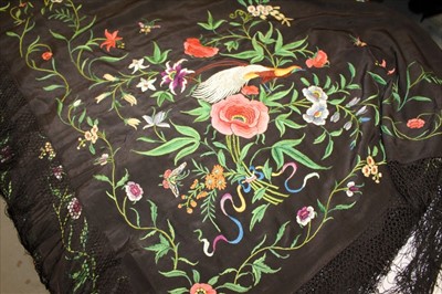 Lot 3155 - Chinese Canton embroidered silk shawl with birds, butterflies and flowers in polychrome silk thread with knotted fringing. Plus