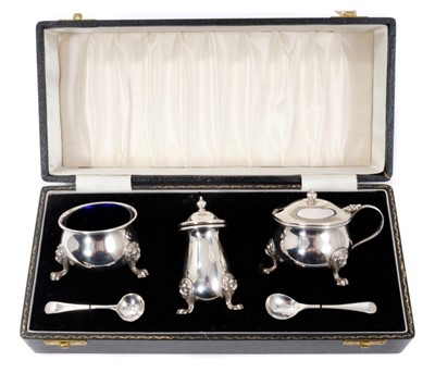 Lot 449 - Good Quality Contemporary silver three piece cruet set in a fitted case