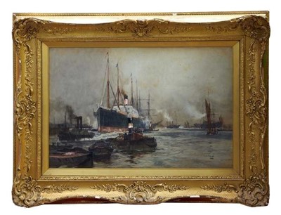 Lot 936 - Charles Edward Dixon (1872-1934) watercolour - The Canadian S. S. Manitoba towed into harbour by a steam tug, signed and dated '96, in glazed gilt frame, 50cm x 75cm