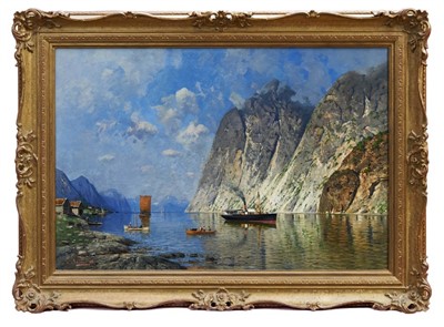 Lot 1406 - Adelsteen Normann (1848-1918) oil on canvas - 'Leardal, Sognefiord, signed, inscribed, in gilt frame