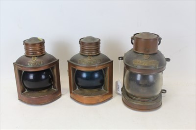 Lot 3581 - Set of three copper ships lights, with name plates for Masthead, Starboard and Port