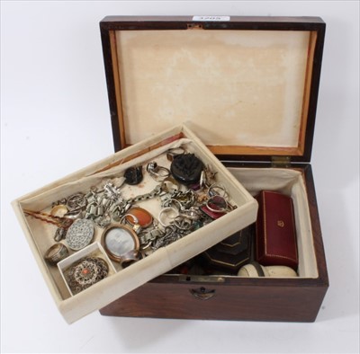 Lot 3205 - Inlaid jewellery box containing antique and later costume jewellery, silver rings and bijouterie