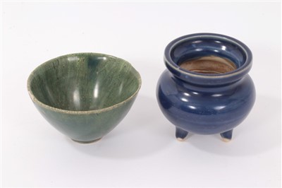 Lot 306 - Chinese blue glazed monochrome tripod censer, and a Chinese teabowl