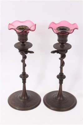 Lot 1268 - Pair 19th century French bronze candlesticks with snake decoration, signed F. Barbedienne