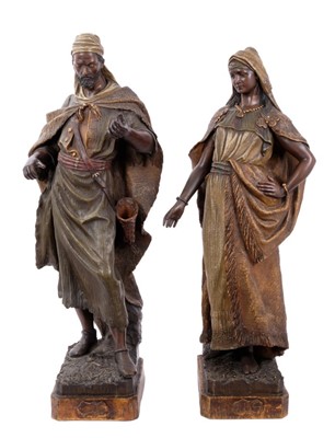 Lot 1234 - Good pair of late 19th / early 20th century Goldscheider terracotta figures of Arabs, inscribed, signed and numbered to rear bases