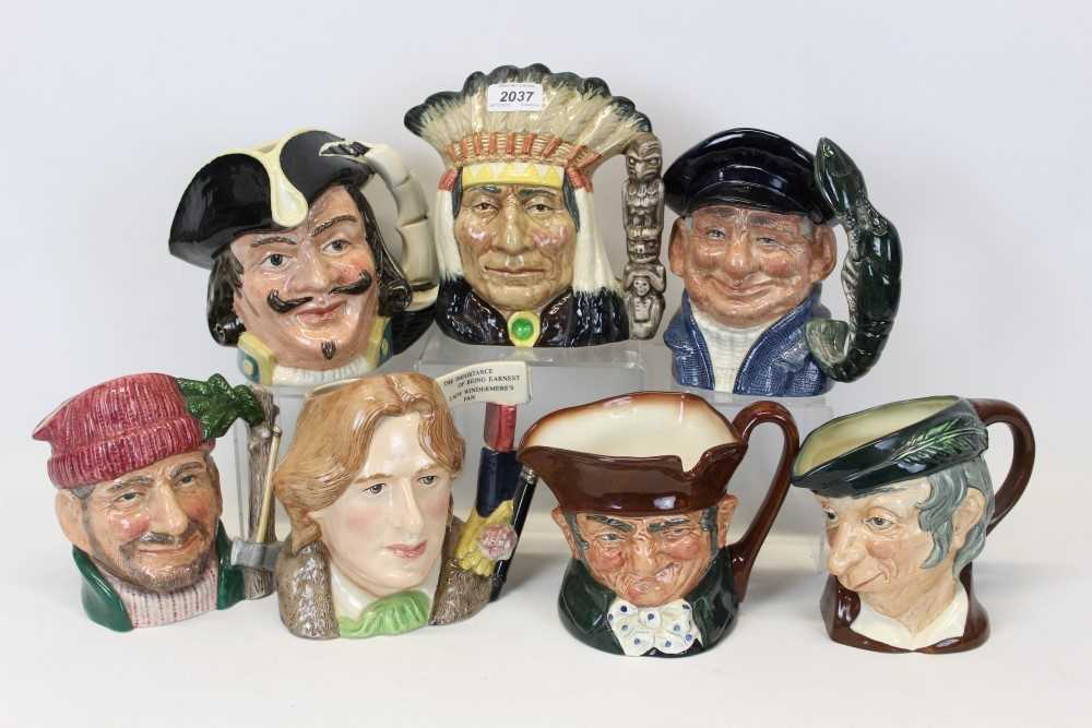 Lot 2037 - Royal Doulton Character Jugs, Captain Henry Morgan D6467, Simple Simon D6374, Lobster Man D6617, Lumberjack D6610, Oscar Wilde D7146, Old Charley D5420 and North American Indian D6611