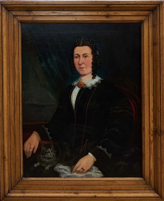 Lot 1574 - Pair of 19th century English school oils on canvas - portraits of a Ship's Captain with parrot on his shoulder, his wife with a cat on her lap, in pine frames, 90cm x 70cm