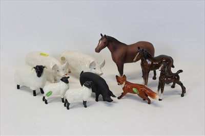 Lot 2048 - Ten Beswick Figures- two pigs, three sheep, three horses, a fox, and another pig (unmarked) (10