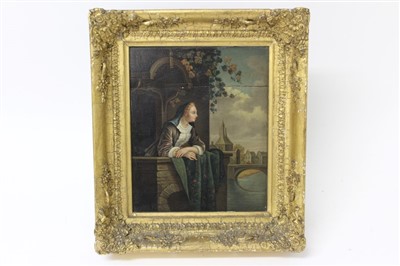 Lot 1441 - European school oil on panel lady on balcony