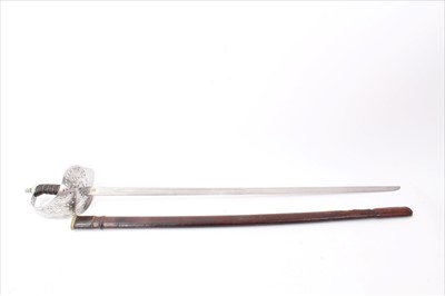 Lot 723 - George V 1897 pattern Infantry Officers' sword with nickel plated guard, wire bound grip, straight fullered blade etched with Royal Arms, cipher and scrolls by Hobson & Sons, in brown pigskin cover...