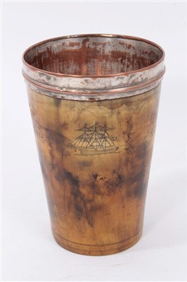 Lot 1128 - Large antique horn beaker with metal lined interior