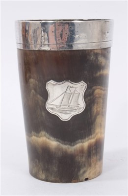 Lot 1129 - Antique horn beaker with silver rim and silver crest with ship engraving, nice patina-approx height 4 1/2"