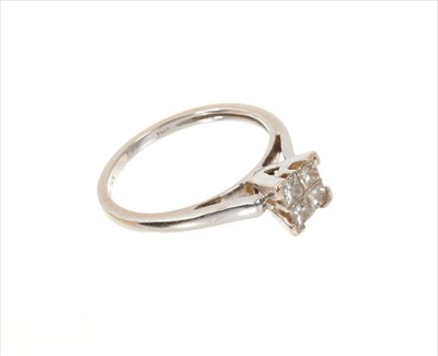 Lot 489 - Diamond cluster ring with four princess cut diamonds in 14K white gold setting