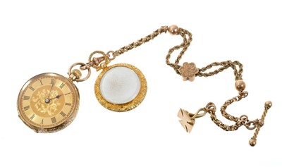 Lot 748 - Late 19th Century ladies Swiss 14k gold cased fob watch on a Victorian gold Albertina with a gold mounted double-sided locket