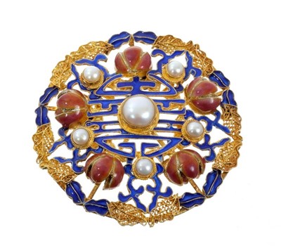 Lot 749 - Chinese pendant/brooch, silver gilt enamel and pearls approx 2 1/4" diameter