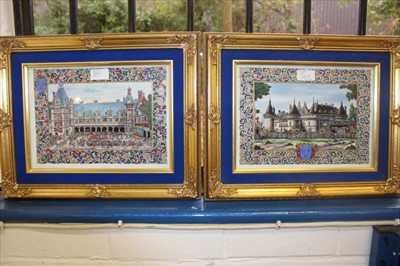 Lot 2069 - P air of Royal Delft transfer printed decorative wall plaques depicting- Feast given by Louis the Twelfth in the courtyard of the Castle of Blois, mounted in gilt frames, retailed by Mappin & Webb
