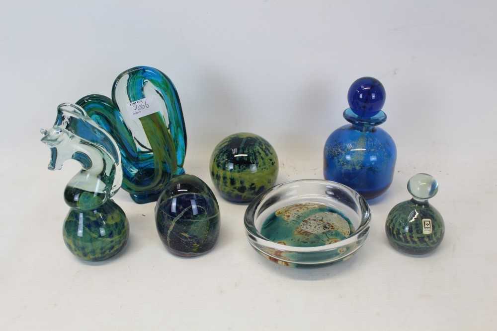 Lot 2066 - Collection of Seven pieces of Mdina glassware, to include scent bottle, paperweights and obelisk (7)