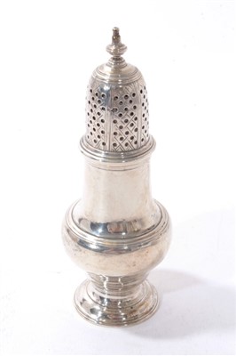 Lot 422 - George II silver caster of baluster form with pierced slip in cover.