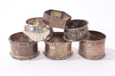 Lot 424 - Selection of six silver/white metal napkin rings (various dates and makers).