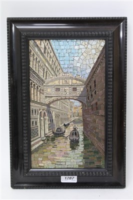 Lot 1287 - Early 20th century Venetian mosaic panel, depicting The Bridge of Sighs, within ebonised frame, dated to framer’s label verso 19. 3. 36, total size 40 x 28cm