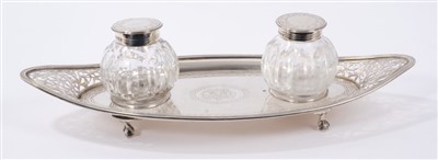 Lot 453 - George III Silver inkstand, with pierced decoration and later replacement ink bottles