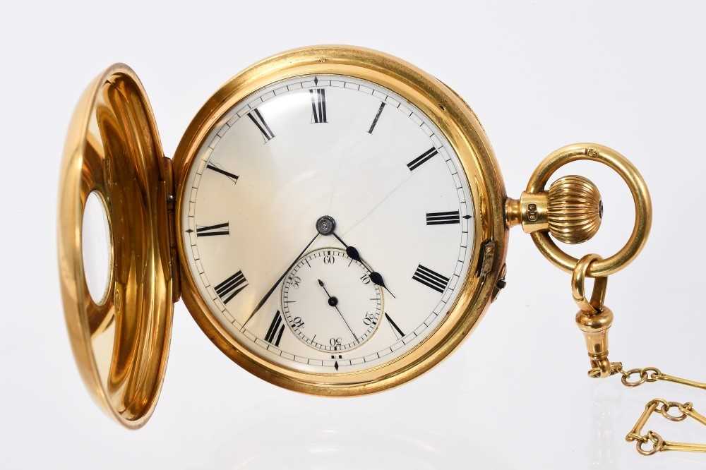 Lot 825 - Gentlemen’s 18ct gold half hunter pocket watch by Vine & Thompson, London