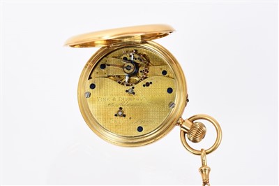 Lot 825 - Gentlemen’s 18ct gold half hunter pocket watch by Vine & Thompson, London