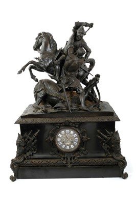 Lot 863 - Bronze by Theodore  Gechter, Charles Martel defeating the Saracen together with matching massive black slate and bronze clock