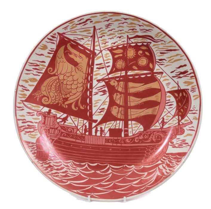 Lot 340 - Fine quality William de Morgan charger, painted in ruby and amber lustre with a galleon