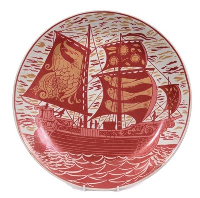 Lot 340 - Fine quality William de Morgan charger, painted in ruby and amber lustre with a galleon