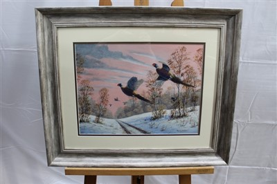 Lot 1553 - Mark Chester acrylic on board - Pheasants in flight over a snow covered track, signed, in glazed frame