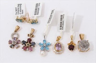 Lot 3331 - Six gold 9ct multi gem set pendants and pair earrings