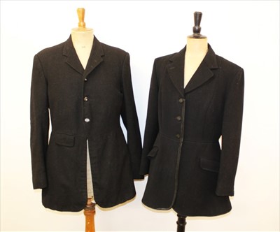 Lot 826 - Two vintage black hunt coats and pair breeches