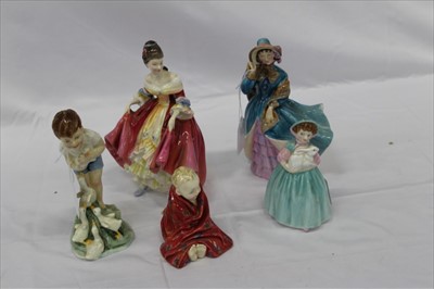 Lot 2087 - Group of Five Royal Doulton and Royal Worcester figures- This little pig HN1793, Bunny HN2214, Delphine HN2136, Southern Belle HN2229 and Royal Worcester Young Farmer (5)
