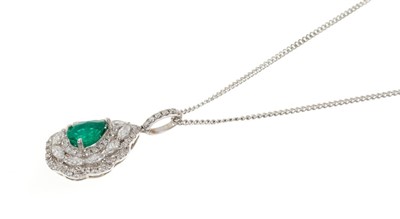 Lot 619 - Emerald and diamond pendant in 18ct white gold setting on 18ct white gold chain