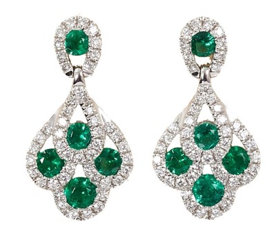 Lot 620 - Pair of emerald and diamond pendant earrings in 18ct white gold setting