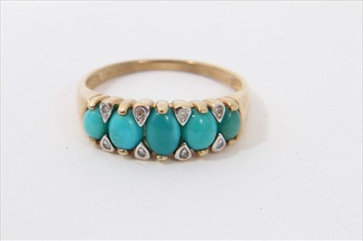 Lot 3268 - Gold 9ct turquoise five stone ring with diamond accents to the claws