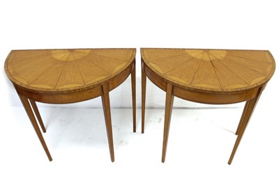 Lot 1730 - Pair of 19th century satinwood demi-lune tables inlaid with rosewood crossbanding, on square taper legs