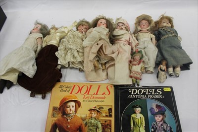 Lot 2882 - Victorian and later small dolls including 3200 Armand Marseille bisque doll AM 8/0 DEP, poured wax head and shoulder doll