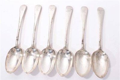 Lot 464 - Set of six late Victorian silver Old English pattern table spoons with engraved initial.