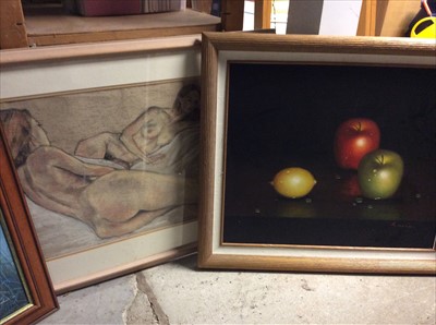 Lot 491 - Still life study of apples, landscape and nude sketch